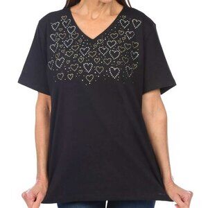 Coral Bay Rhinestones/Studs Hearts V-Neck Short Sleeve Top MEDIUM (2323)